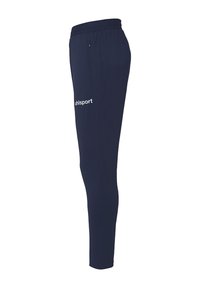 Marineblauwe sportbroeken met een elastische tailleband en een zijzak. Bevat een wit "uhlsport" logo op het onderbeen. Soepele stoftextuur.