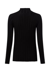 Schwarzer gerippter Pullover mit langen Ärmeln und hohem Kragen, der eine taillierte Silhouette und ein strukturiertes Strickmuster aufweist.