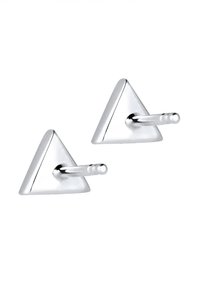 Silver triangulära örhängen med en polerad finish, som har en rak stift för säker användning. Ungefär 2,5 cm i storlek.