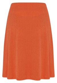 Jupe orange longueur genou avec une texture subtile côtelée verticale et un ourlet évasé.