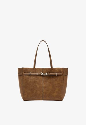 Brązowa torba typu tote ze skóry o fakturze krokodyla, z dwoma uchwytami, srebrnymi elementami metalowymi i prostokątnym kształtem. Posiada przedni szew i zapięcie.