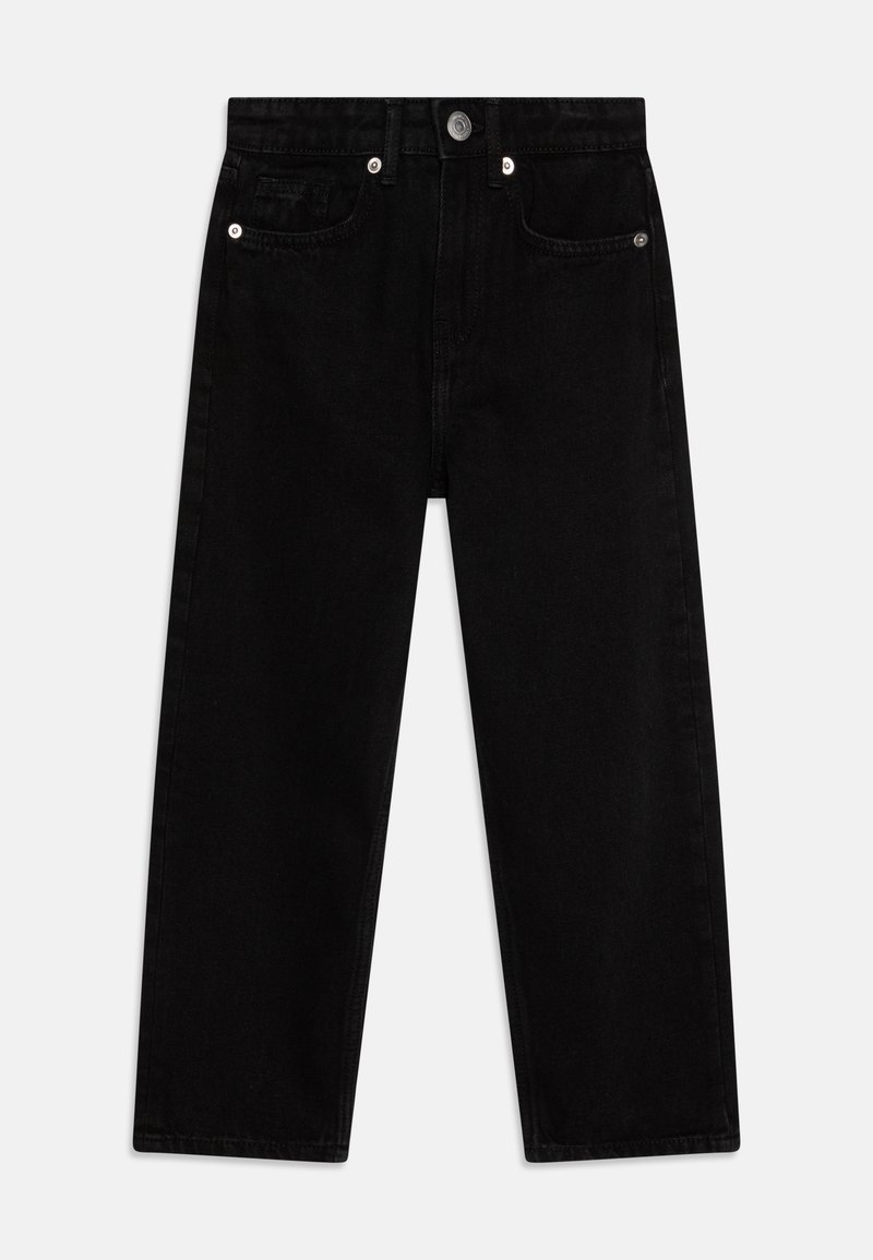 Black denim jeans with a straight-leg cut, featuring a button closure, five pockets, and silver-tone hardware. Smooth texture and minimal detailing.