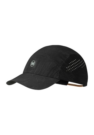 Black outdoor sports cap with curved brim, ventilation holes on sides, and adjustable strap at back, featuring a round "Buff" logo on front.