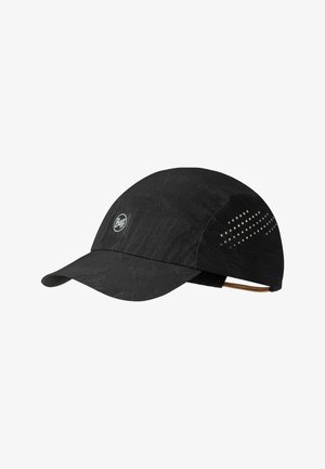 Schwarze Outdoor-Sportkappe mit gebogenem Schirm, Belüftungsöffnungen an den Seiten und verstellbarem Riemen hinten, mit rundem „Buff“-Logo vorne.