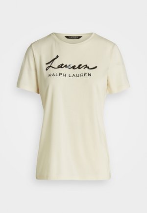 Camiseta corta de manga corta color crema de Ralph Lauren con bordado en negro del texto "Lauren" y texto impreso "Ralph Lauren" en la parte frontal.