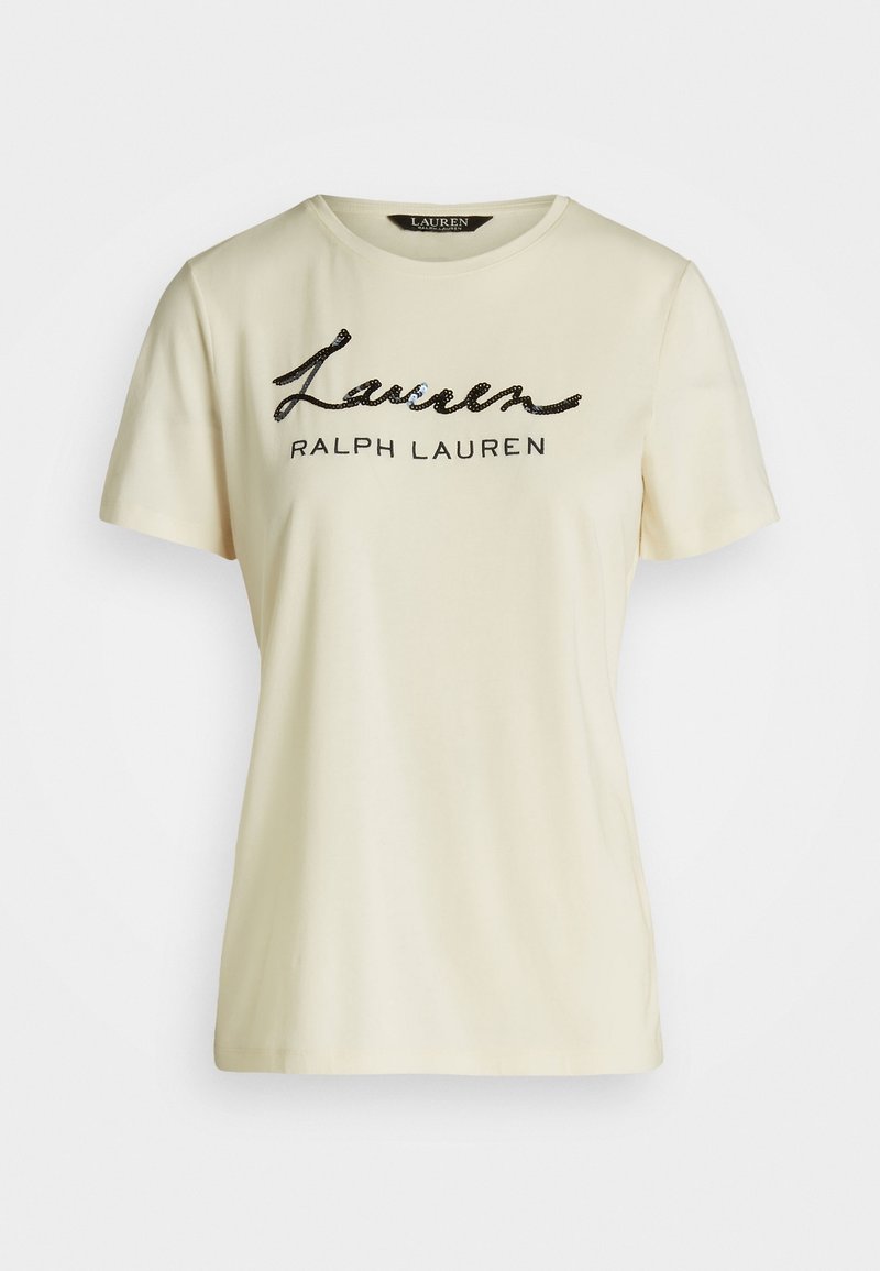 Krótki rękaw T-shirt Ralph Lauren w kolorze kremowym z czarnym haftowanym napisem "Lauren" i nadrukowanym tekstem "Ralph Lauren" z przodu.