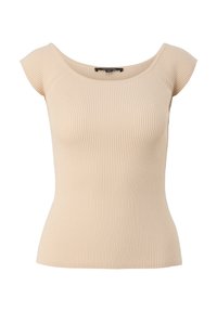 Beige ribbattu genser med bred scoop-hals og korte kappe-ermer. Stoffet har en glatt tekstur og en tettsittende silhuett.
