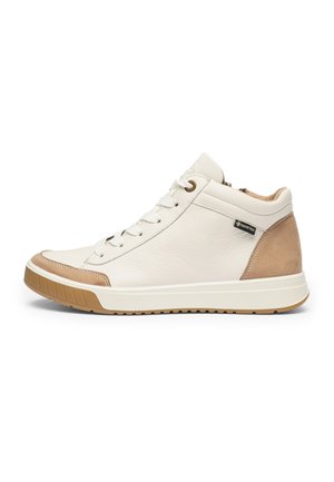 White high-top sneaker with beige suede accents, lace-up front, rubber sole, and Gore-Tex label on side.