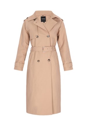 Cappotto trench beige realizzato in tessuto misto cotone, con bottoni doppi, vita con cintura e tasche laterali con polsini risvoltati.