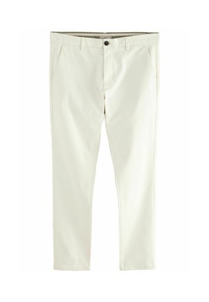 Pantaloni chino de culoare deschisă, fabricați din bumbac. Prezintă un model flat în față, două buzunare laterale și un închizător cu un singur buton la talie.