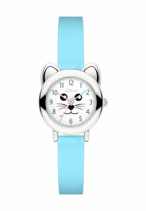Montre pour enfants avec un bracelet bleu clair, un boîtier argenté en forme d'oreilles de chat, et un cadran blanc affichant un visage de chat avec des chiffres noirs.