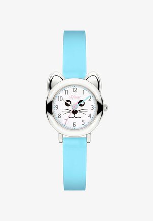 Children's wristwatch with light blue strap, silver case shaped like cat ears, and white dial featuring a cat face design with black numbers.