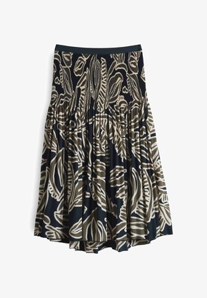 Uitlopende rok van marineblauw stof met een gedurfde beige botanische print. Elastische tailleband en geplooid ontwerp zorgen voor volume. Lichtgewicht textuur.