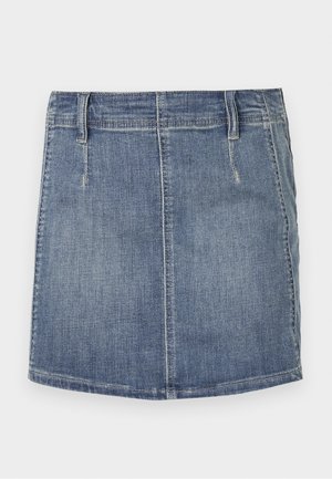 Denim mini krilo v svetlo modri barvi s klasičnim krojem. Ima sprednje žepke in zanke za pas, ravno obrobe in rahlo zbledel videz.