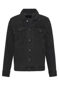 Černá džínsová bunda s knoflíkovým zapínáním, dvěma náprsními kapsami a bočními kapsami. Má klasický límec a strukturovanou tkaninu.