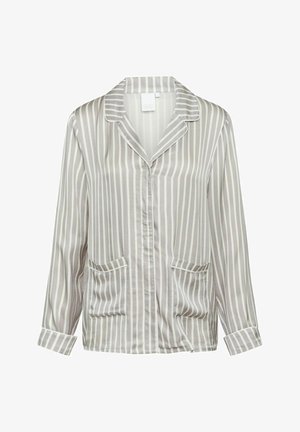 Szürke és fehér csíkos, hosszú ujjú ing, hajtókás gallérral, gombos elülső résszel és két elülső zsebből. Selymes tapintás, betekert ujjakkal.