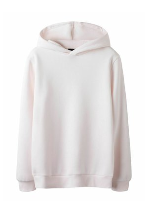 Light pink hoodie made of soft fabric, featuring a drawstring hood, long sleeves, and ribbed cuffs and hem. Smooth texture and simple design.