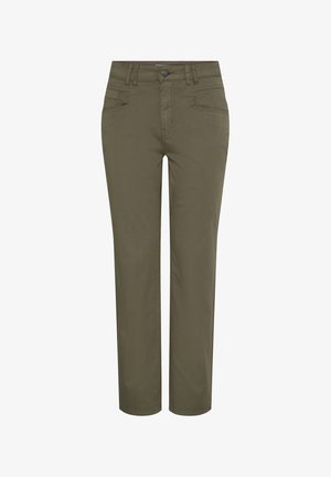 Maslinasto zelene hlače ravnog kroja s prednjim gumbom i patentnim zatvaračem, petljama za remen te bočnim i džepom za kovanice, prikazane na bijeloj pozadini.