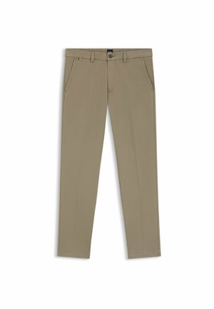 Beige chinos med lige ben design, bæltestropper, knaplukning og to sidelommer. Glat bomuldsstof med en ren finish.