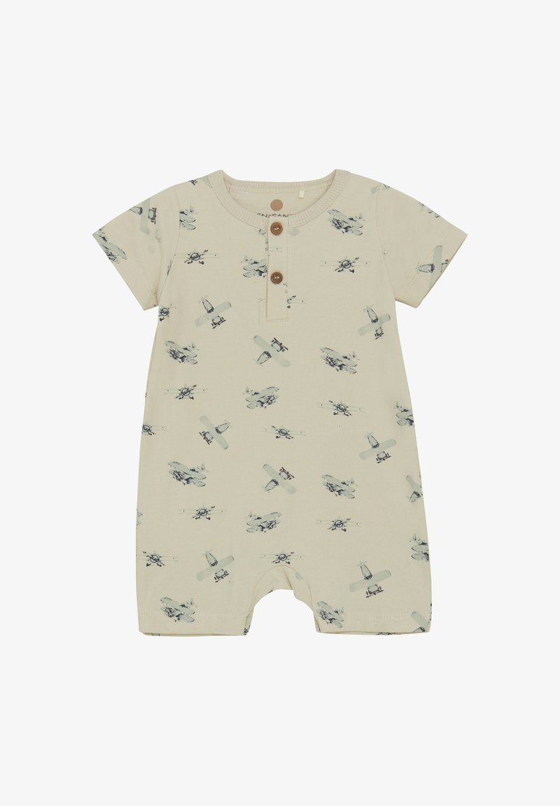 Kortärmad beige rompers med tryck av flygplan, knäppning med tryckknappar, mjukt bomullsmaterial och benöppningar för enkelt påklädande.