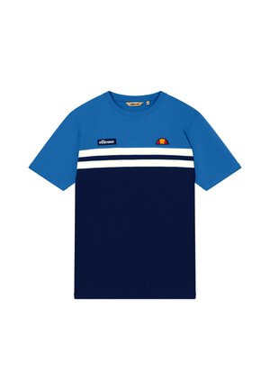 T-shirt à manches courtes avec moitié supérieure bleue, moitié inférieure bleu marine, deux bandes horizontales blanches et écussons du logo Ellesse sur la poitrine.