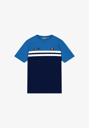 T-shirt à manches courtes avec moitié supérieure bleue, moitié inférieure bleu marine, deux bandes horizontales blanches et écussons du logo Ellesse sur la poitrine.