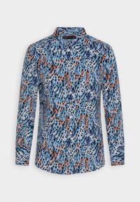 Blusa da donna a maniche lunghe con bottoni, dotata di una stampa animale astratta multicolore in blu, nero, bianco e arancione.