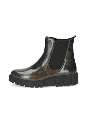 Bottines en cuir noir brillant avec des panneaux élastiques sur les côtés, finition texturée, semelle épaisse noire et tirant à l'arrière pour un enfilage facile.