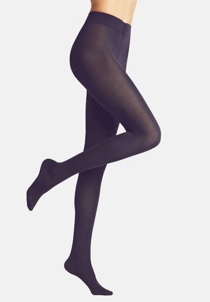Collant neri opachi con una texture liscia, design a lunghezza intera e una cintura larga. Il materiale appare elasticizzato e aderente.
