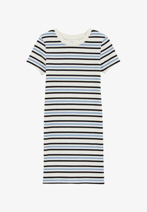 Prugasta haljina kratkih rukava, s naizmjeničnim crnim, plavim i bijelim prugama. Izrađena od rebrastog materijala s okruglim izrezom.