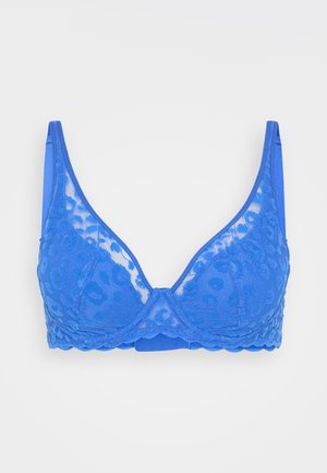 Blue lace bra with a sheer front, scalloped edges, and a triangular cup design. Features textured floral patterns and adjustable straps.
