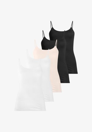 Cinq camisoles en coton pour femmes en noir, beige et blanc, disposées en chevauchement décalé sur un fond blanc.