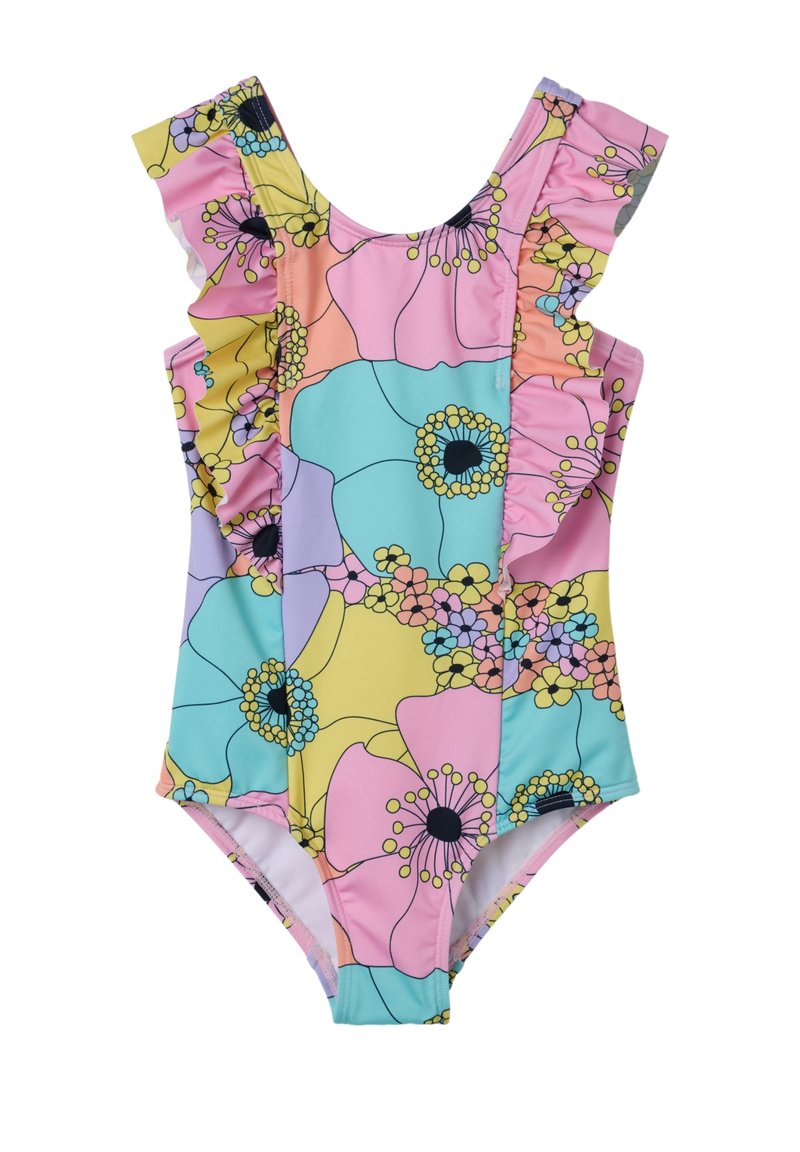 Eén stuk badpak met een kleurrijk bloemenpatroon in roze, blauw, geel en lavendel, met gerimpelde schouderbanden en contrasterende zwarte accenten.