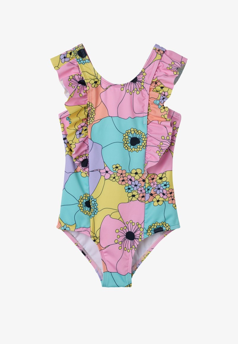 Yksi kappaleen uimapuku, jossa on värikäs kukkakuosi vaaleanpunaisena, sinisenä, keltaisena ja laventelinä, rypytetyillä olkaimilla ja kontrastivärisillä mustilla yksityiskohdilla.