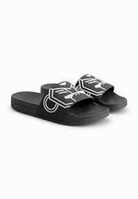 Black slide sandals featuring a graphic black and white panther design on the strap, with a textured rubber sole for grip.