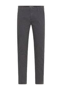 Szürke, slim-fit nadrág, puha pamutból készült. Gombos záródással, övhurkokkal és letisztult, áramvonalas dizájnnal rendelkezik. Nincsenek látható minták.