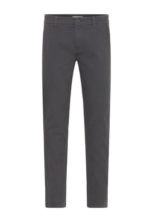 Pantaloni grigi slim-fit realizzati in cotone morbido. Presentano una chiusura con bottone, passanti per la cintura e un design pulito e lineare. Nessun motivo visibile.
