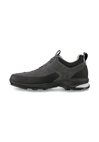 Scarpa da hiking bassa grigia scura con suola nera, chiusura con cordini, colletto in rete e linguetta e tallone con tiranti.