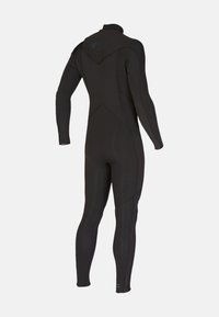 Black full-body wetsuit with long sleeves, visible seam patterns, and a small logo on the upper back and lower calf.