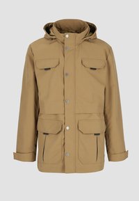 Veste à capuche marron clair avec boutons-pression à l'avant, deux poches poitrine à rabat, deux grandes poches inférieures à rabat et poignets de manches réglables.