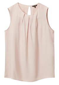 Ärmellose Bluse aus leichtem pinkfarbener Stoff mit Rundhalsausschnitt, Faltendetail an der Vorderseite und einer Schlüsselöffnungsöffnung auf der Rückseite. Glatte Textur.