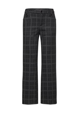 Pantalons larges en tissu gris foncé avec un motif à carreaux. Boutons à la taille et texture lisse.