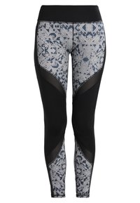 Damskie legginsy wysokiej talii z czarnymi panelami i tkaniną w geometryczny wzór w odcieniach niebiesko-szarych, z wstawkami z siateczki na udach i łydkach.