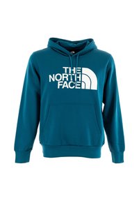 Sudadera color teal hecha de material suave, con un bolsillo frontal y capucha ajustable con cordones. Presenta un gran logo blanco en el pecho.