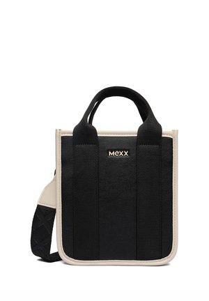Bolso tote pequeño negro y beige con asas cortas y una correa de hombro ajustable, con un logo dorado de Mexx en el frente.