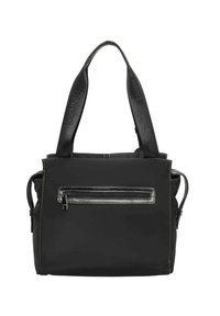 Bolso tote negro con dos asas, que cuenta con un bolsillo frontal con cremallera, tejido texturizado, costuras visibles y una forma estructurada.