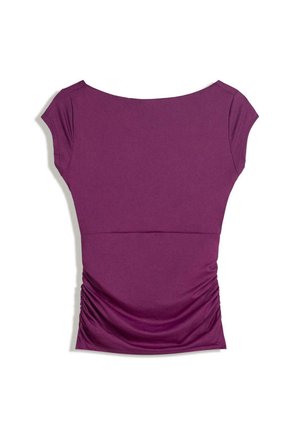 Purple short-sleeve women's top with boat neckline and ruched sides, laid flat on a white background.
