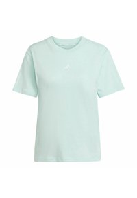 Camiseta de algodón verde menta claro con mangas cortas y cuello redondo acanalado. Presenta un pequeño logotipo blanco en el pecho. Textura suave.