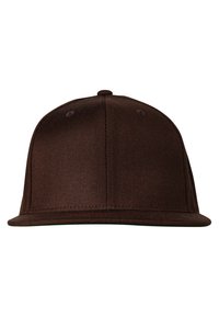 Brun snapback-cap med flad skygge, lavet af et tekstureret stof, med seks-panel konstruktion og ventilerede øjer.