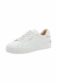 Weißer Sneaker mit einem Obermaterial aus glattem Leder, abgerundeter Spitze, Schnürung an der Vorderseite und strukturiertem Gummisohle. Verfügt über goldene Akzente an der Ferse.